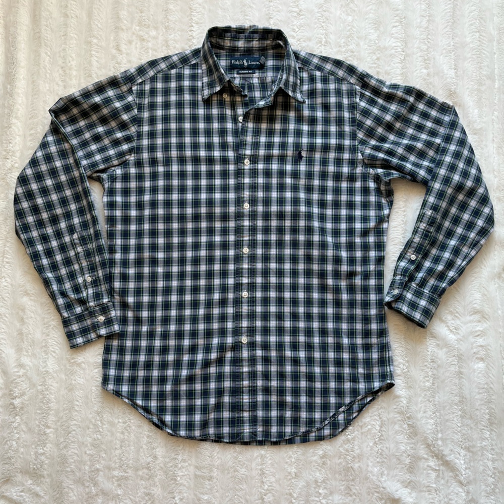 Ralph Lauren Blue Green Plaid Cotton Oxford Button Up Shirt sz M